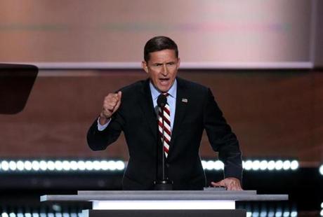 Retired Lt. Gen. Michael Flynn speaks during the Republican National Convention in Cleveland on July 18, 2016. He used his prime-time speech to lead the crowd in a chant of 