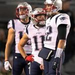 Pittsburgh, PA 12-16-18: Three members of the Patriots offense (left to right) WR Chris Hogan (age 31), WR Julian Edelman (age32) and quarterback Tom Brady (age 41) are pictured during the game vs. the Steelers. The New England Patriots visited the Pittsburgh Steelers in a regular season NFL football game at Heinz Field. (Jim Davis/Globe Staff)