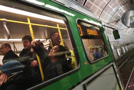 Some lucky Green Line passengers Friday were the first to ride on a new MBTA subway car in nearly a decade.
