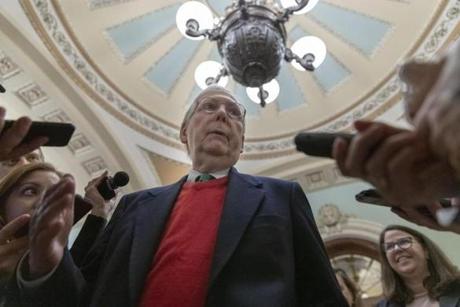 Senate Majority Leader Mitch McConnell addressed reporters after speaking to the Senate on Saturday.
