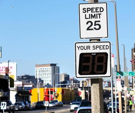 A speed limit sign on Old Colony Avenue in Boston.
