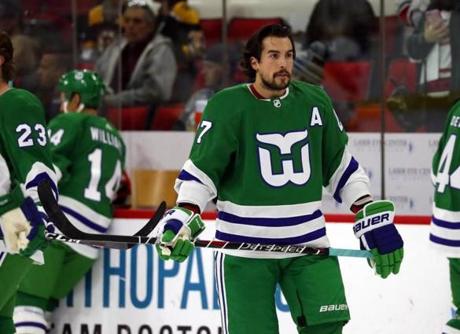Justin Faulk and the Carolina Hurricanes wore Hartford Whalers uniforms on Sunday to honor the franchise?s history before it moved to North Carolina. 
