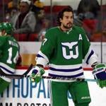 Justin Faulk and the Carolina Hurricanes wore Hartford Whalers uniforms on Sunday to honor the franchise?s history before it moved to North Carolina. 