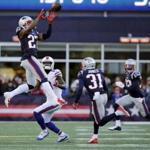 New England Patriots defensive back J.C. Jackson (27) intercepts a pass intended for Buffalo Bills wide receiver Deonte Thompson (10) during the first half of an NFL football game, Sunday, Dec. 23, 2018, in Foxborough, Mass. (AP Photo/Elise Amendola)