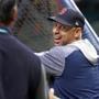 Houston, TX: 10-18-18: Red Sox manager Alex Cora, whose team could punch their ticket to the World Series with a victory tonight on his birthday, has a laugh as he chats with former major leaguer Jose Cruz, Jr. around the cage during batting practice. The Boston Red Sox visited the Houston Astros for Game Five of their ALCS baseball matchup at Minute Maid Park. (Jim Davis/Globe Staff) 