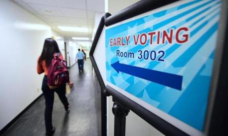 Voters head to room 3002 for Early Voting at the Los Angeles County Registrar's Office in Norwalk, California on November 5, 2018, a day ahead the November 6 midterm elections in the United States. (Photo by Frederic J. BROWN / AFP)FREDERIC J. BROWN/AFP/Getty Images
