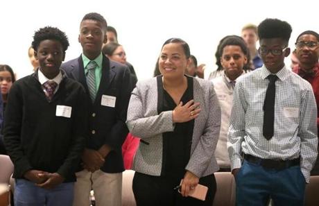 Rachael Rollins joined Nativity Preparatory School students during mock trials at the Moakley Federal Courthouse.
