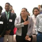 Rachael Rollins joined Nativity Preparatory School students during mock trials at the Moakley Federal Courthouse.