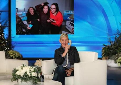 03namesEllen -- In this photo released by Warner Bros., talk show host Ellen DeGeneres surprises the Ferreira family in Milford, MA on 