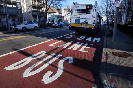 Boston, MA - January 02, 2019: A bus uses the dedicated bus lane on Washington in Boston, MA on January 02, 2019 Boston banned parking on the inbound side of Washington Street during the morning rush and replaced it with a dedicated space for MBTA buses. (Craig F. Walker/Globe Staff) section: metro reporter:
