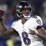 FILE - In this Saturday, Dec. 22, 2018 file photo, Baltimore Ravens quarterback Lamar Jackson passes against the Los Angeles Chargers during the first half in an NFL football game in Carson, Calif. The Ravens are dangerous if rookie QB Lamar Jackson shows the same poise he displayed in leading Baltimore on a 6-1 streak and into the playoffs for the first time since 2014 after taking over from an injured Joe Flacco. (AP Photo/Kelvin Kuo, File)
