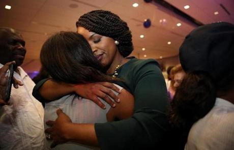 BGPOY SLIDER2018 Boston, MA - September 04, 2018: Ayanna Pressley greets supporters after becoming the Democratic candidate for the Massachusetts 7th Congressional District during the her campaign primary night celebration at IBEW Local 103, in Dorchester, MA on September 04, 2018. Ayanna Pressley is a Boston City Councilor and Democratic candidate for the Massachusetts 7th Congressional District. (Craig F. Walker/Globe Staff) section: Metro reporter: 
