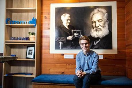 01/01/2019 CAMBRIDGE, MA Founder James Graham (cq) at Community Phone in Cambridge. A poster behind him displays portraits of Thomas Watson (cq) (left) and Alexander Graham Bell (cq). (Aram Boghosian for The Boston Globe)

