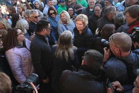Senator Elizabeth Warren greeted an overflow crowd Saturday in Storm Lake, Iowa. 
