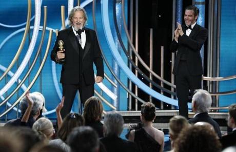 Jeff Bridges accepted the Cecil B. Demille Award onstage.
