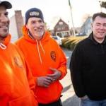 01/07/2019 MALDEN, MA 12012-4 union members L-R David Monahan (cq), Barry Johns (cq), and John Buonopane (cq) talk with fellow National Grid workers as they react to vote on new contract to end six-month lockout at the Irish American Club in Malden. (Aram Boghosian for The Boston Globe)