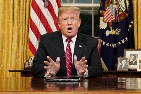 President Donald Trump speaks from the Oval Office of the White House as he gives a prime-time address about border security Tuesday, Jan. 8, 2018, in Washington. (Carlos Barria/Pool Photo via AP)

