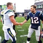 Foxborough Ma 10/29/17 New England Patriots quarterback Tom Brady shaking hands with Los Angeles Chargers Philip Rivers after they defeated the Chargers 21-13 at Gillette Stadium. (Matthew J. Lee/Globe staff) topic reporter