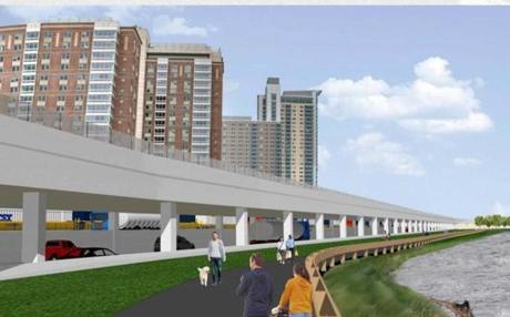 A conceptual rendering of Soldiers Field Road in a new viaduct above the Massachusetts Turnpike along the Charles River in Allston, presented publicly in November.
