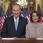 Senate Minority Leader Chuck Schumer of N.Y., and House Speaker Nancy Pelosi of Calif., pose for photographers after speaking on Capitol Hill in response President Donald Trump's address, Tuesday, Jan. 8, 2019, in Washington. (AP Photo/Alex Brandon)