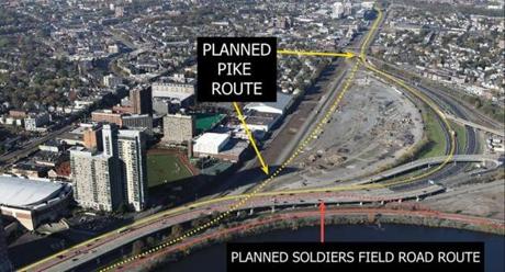 A conceptual rendering of Soldiers Field Road in a new viaduct above the Massachusetts Turnpike along the Charles River in Allston, presented publicly in November.
