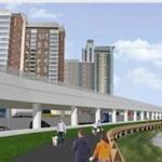 A conceptual rendering of Soldiers Field Road in a new viaduct above the Massachusetts Turnpike along the Charles River in Allston, presented publicly in November.