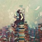 man reading book while sitting on pile of books,knowledge concept,illustration painting