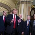President Donald Trump, center, speaks to members of the media following a Senate Republicans policy luncheon at the U.S. Capitol in Washington, D.C. on Wednesday, Jan. 9. MUST CREDIT: Bloomberg photo by Al Drago.