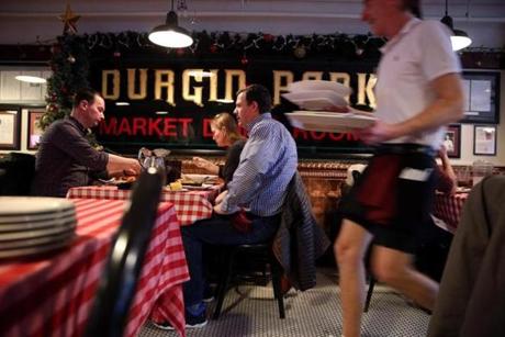From left: Sean Cunningham, Jennifer Carp, and Joe Tormo dined at Durgin-Park in its final days.
