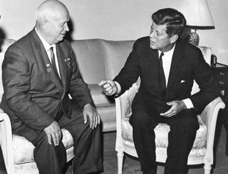 Former United States President John F. Kennedy (R) meets with Nikita Khrushchev, former chairman of the council of Ministers of the Soviet Union, at the U.S. Embassy residence in Vienna, Austria in this June 1961 handout image. November 22, 2013 will mark the 50th anniversary of the assassination of President Kennedy. REUTERS/Evelyn Lincoln/The White House/John F. Kennedy Presidential Library (UNITED STATES - Tags: POLITICS ANNIVERSARY) ATTENTION EDITORS - THIS IMAGE WAS PROVIDED BY A THIRD PARTY. FOR EDITORIAL USE ONLY. NOT FOR SALE FOR MARKETING OR ADVERTISING CAMPAIGNS. THIS PICTURE IS DISTRIBUTED EXACTLY AS RECEIVED BY REUTERS, AS A SERVICE TO CLIENTS
