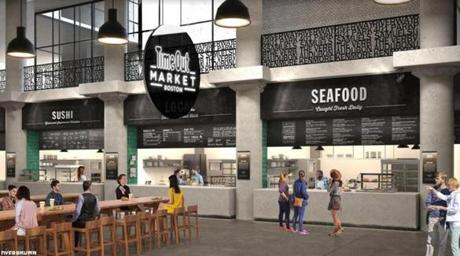 An artist?s rendering of what we can expect when the Time Out Market opens at the Fenway?s former Landmark Center later this year. 
