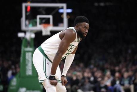 Boston Celtics guard Jaylen Brown during the second half of an NBA basketball game in Boston, Wednesday, Jan. 9, 2019. The Celtics defeated the Pacers 135-108. (AP Photo/Charles Krupa)
