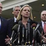 In this Jan. 9, 2019, photo, Homeland Security Secretary Kirstjen Nielsen, second from right, standing with, from left, Vice President Mike Pence, House Minority Leader Kevin McCarthy of Calif., and House Minority Whip Steve Scalise, R-La., speaks to reporters following their meeting with Democratic congressional leaders and President Donald Trump at the White House in Washington. (AP Photo/Susan Walsh)