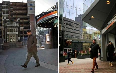 Left: A man walked through Downtown Crossing in 2009. Right: The scene at Downtown Crossing today. 
