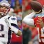 FILE - At left, in a Sept. 23, 2018, file photo, New England Patriots quarterback Tom Brady throws during the first half of an NFL football game against the Detroit Lions, in Detroit. At right, in an Oct. 7, 2018, file photo, Kansas City Chiefs quarterback Patrick Mahomes (15) throws a pass during the first half of an NFL football game against the Jacksonville Jaguars, in Kansas City, Mo. (AP Photo/File)