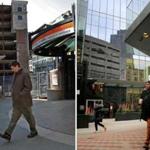 Left: A man walked through Downtown Crossing in 2009. Right: The scene at Downtown Crossing today. 