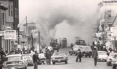 Fires burned on Blue Hill Avenue on April 5, 1968, a day after the assassination of Martin Luther King Jr.
