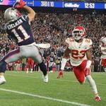 Foxborough MA 10/14/18 New England Patriots Julian Edelman making a touchdown reception beating Kansas City Chiefs Kendall Fuller during second quarter action at Gillette Stadium. (photo by Matthew J. Lee/Globe staff) topic: reporter: 