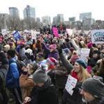 Boston, MA--1/19/2019--A crowd gathers in front of a stage to listen to speakers during the Boston Women's March on Boston Common Saturday afternoon. (Nathan Klima) Topic: 20womensmarch Reporter: