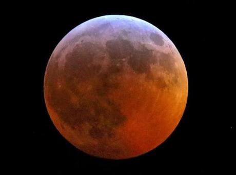 Pembroke 01/20/19-A super blood wolf moon is seen during the totality of it's eclipse at 11:45 pm in the sky above Pembroke. Photo by John Tlumacki/Globe Staff(metro)

