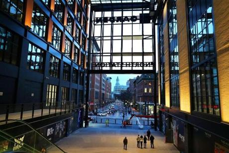 Major construction projects have remade the area around TD Garden and North Station, which Boston Properties wants to be known as Uptown. Above is the view looking out from the new entrance to the MBTA station.
