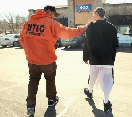 Tewksbury, MA 022715 UTEC (United Teen Equality Center) street worker Johnny Chheng (cq) and Angel Garcia (cq) headed for IHOP in Tewksbury, the first stop after he was released from Middlesex House of Correction in North Billerica, Friday, February 27 2015. (Wendy Maeda/Globe Staff) section: Business slug: 20prison reporter: Megan Woolhouse
