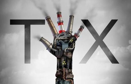 Carbon tax symbol of energy as oil and gas price increase and taxes on coal plants and nuclear fuel power plant shaped as a hand as a concept for environmental green tariffs with 3D illustration elements.
