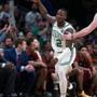 01-23-19: Boston, MA: The Celtics Terry Rozier celebrates after he hit a first quarter three pointer that brough some fans out of their seats. The Boston Celtics hosted the Cleveland Cavaliers in a regular season NBA basketball game at the TD Garden. (Jim Davis /Globe Staff)