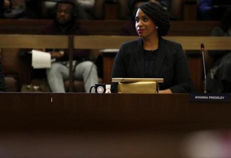 Boston, MA, 12/5/2018 -- Congresswoman-elect Ayanna Pressley listens as a fellow City Councilor wishes her farewell at City Hall. (Jessica Rinaldi/Globe Staff) Topic: 06ayanna Reporter: 
