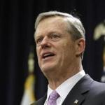 Massachusetts Gov. Charlie Baker faces reporters as he unveils his state budget proposal during a news conference, Wednesday, Jan. 23, 2019, at the Statehouse, in Boston. During remarks Baker spoke about his administration's plan for revamping the state's public school funding formula, including targeted spending increases for low-income and special education students. (AP Photo/Steven Senne)