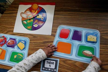 Worcester, MA- April 25, 2017: Annalise Lamprey (cq) , 3, plays a nutrition game at the Guild of St. Agnes in Worcester, MA on April 25, 2017. The Guild of St. Agnes is an early education and care agency that relies on state subsidies for 95% of their students according to director Gloria Johnson. The availability of state-subsidized child care has been narrowing, and growing more separate from private daycare, as fewer providers accept low-income students. (Globe staff photo / Craig F. Walker) section: business reporter:
