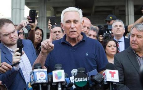 Roger Stone spoke to the media Friday after appearing in federal court in Fort Lauderdale, Fla.
