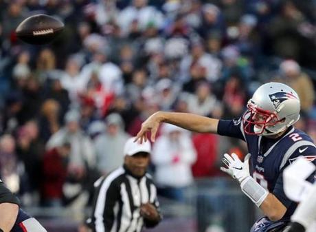 Foxborough, MA 12/23/18- Patriots quartterback Brian Hoyer throws the ball in the fourth quarter. The New England Patriots play against the Buffalo Bills at Gillette Stadium Sunday, Dec. 23, 2018.(Matthew J. Lee/Globe Staff)
