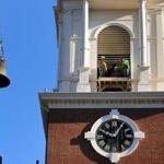 A crane lowered the bell from Park Street Church?s steeple on Saturday.